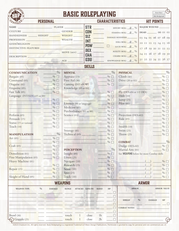 Grab Chaosium’s Free Basic Roleplaying Character Sheet Pack